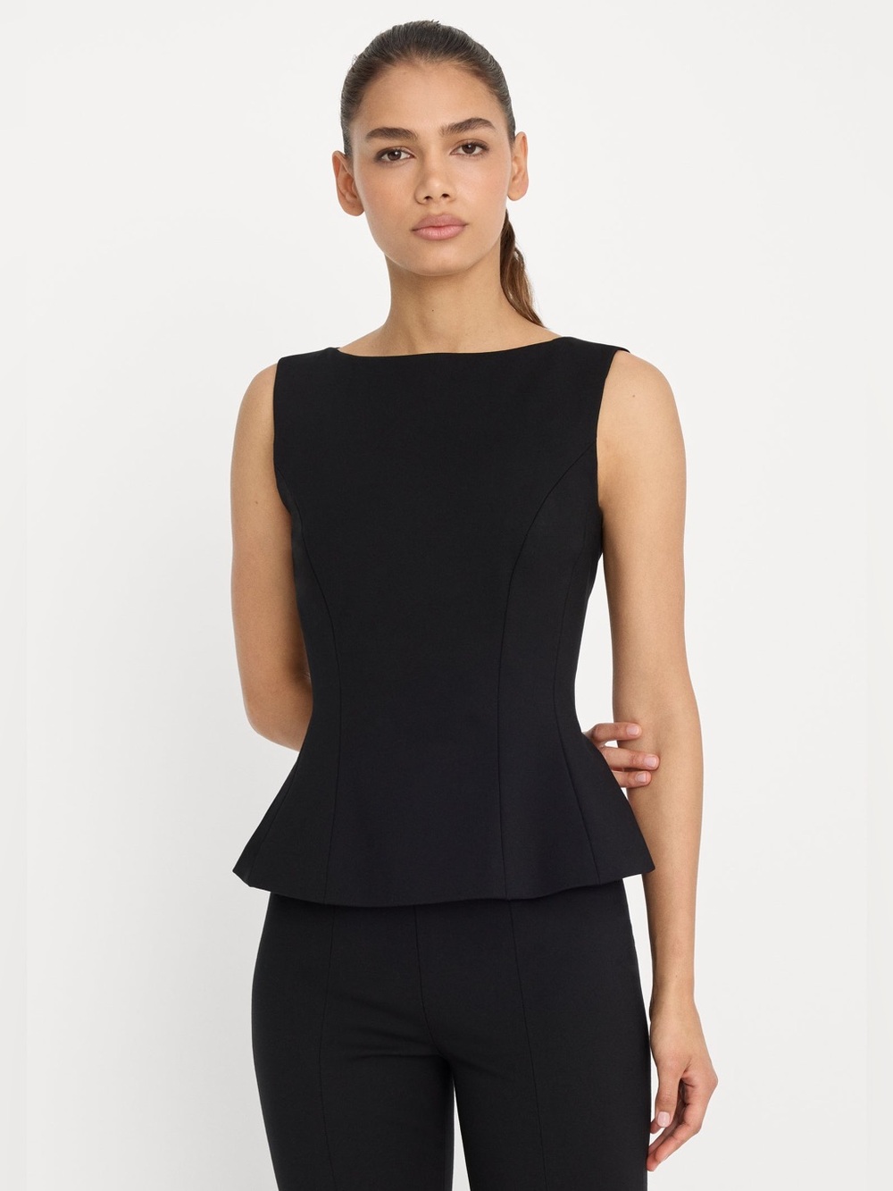 NEW Good American Soft Stretch Ponte Straight Neck Top Black